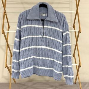 Hollister Blue and White Cable Knit Striped Sweater